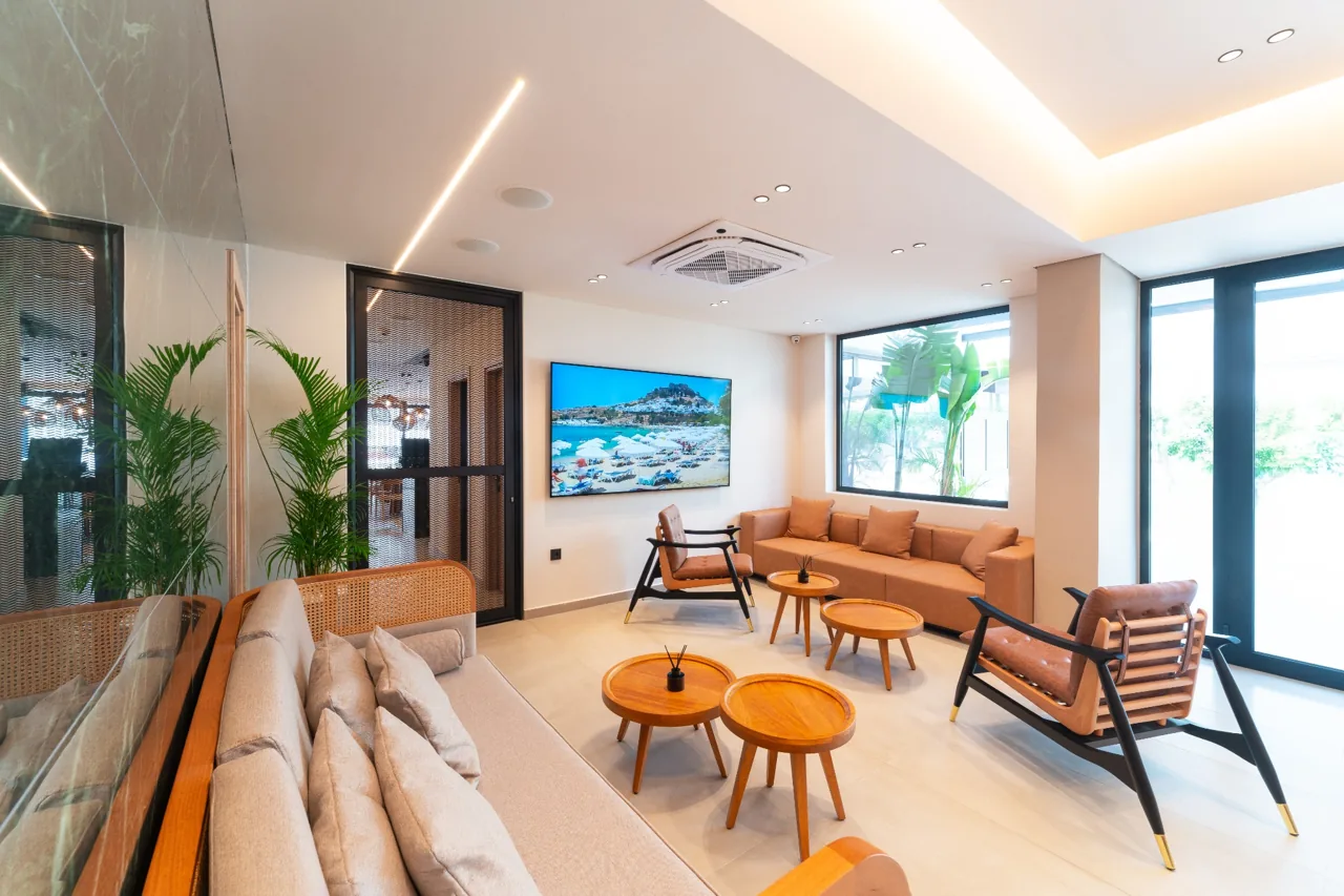 The light-filled lounge of Hippocampus Boutique Hotel